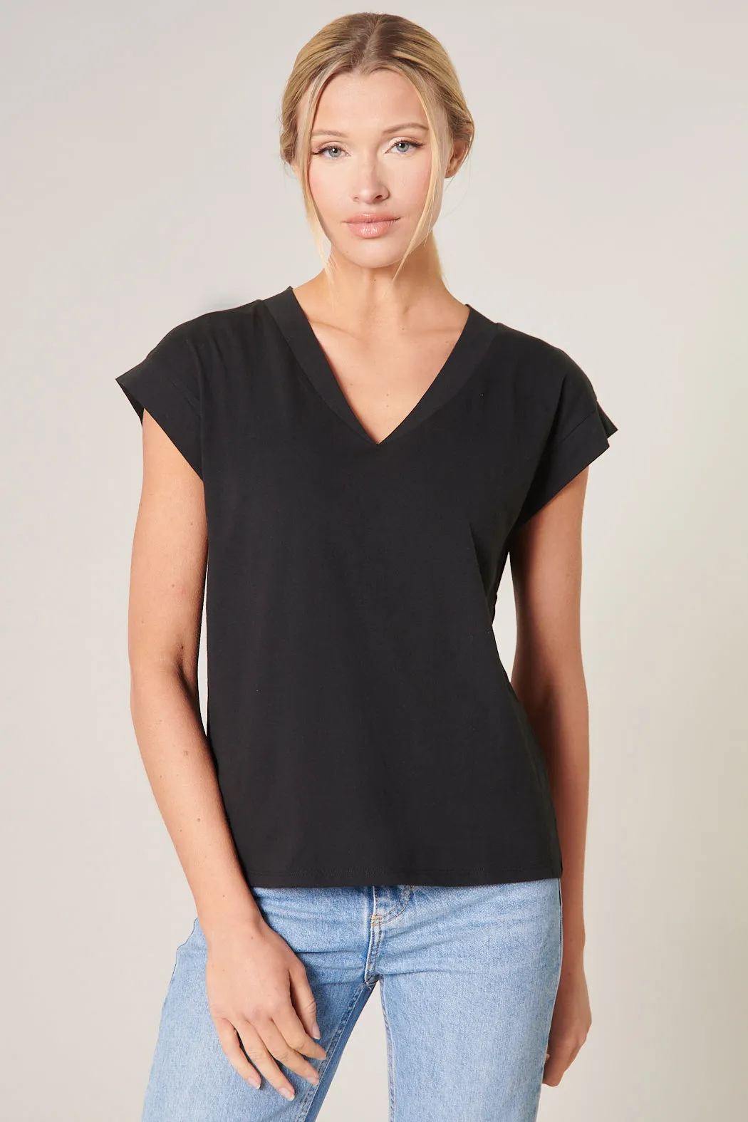 Roselyn V-Neck Drop Shoulder Cotton Knit T-Shirt sold by Sugarlips product image thumbnail 3