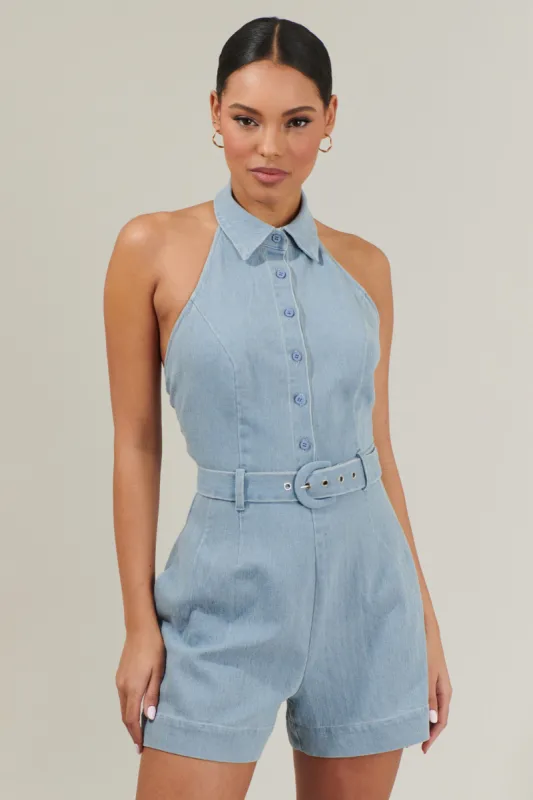 Roslyn Denim Halter Neck Romper sold by Sugarlips