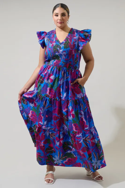 Mela Tropics Sunfire Smocked Bodice Tiered Midi Dress Curve sold by Sugarlips