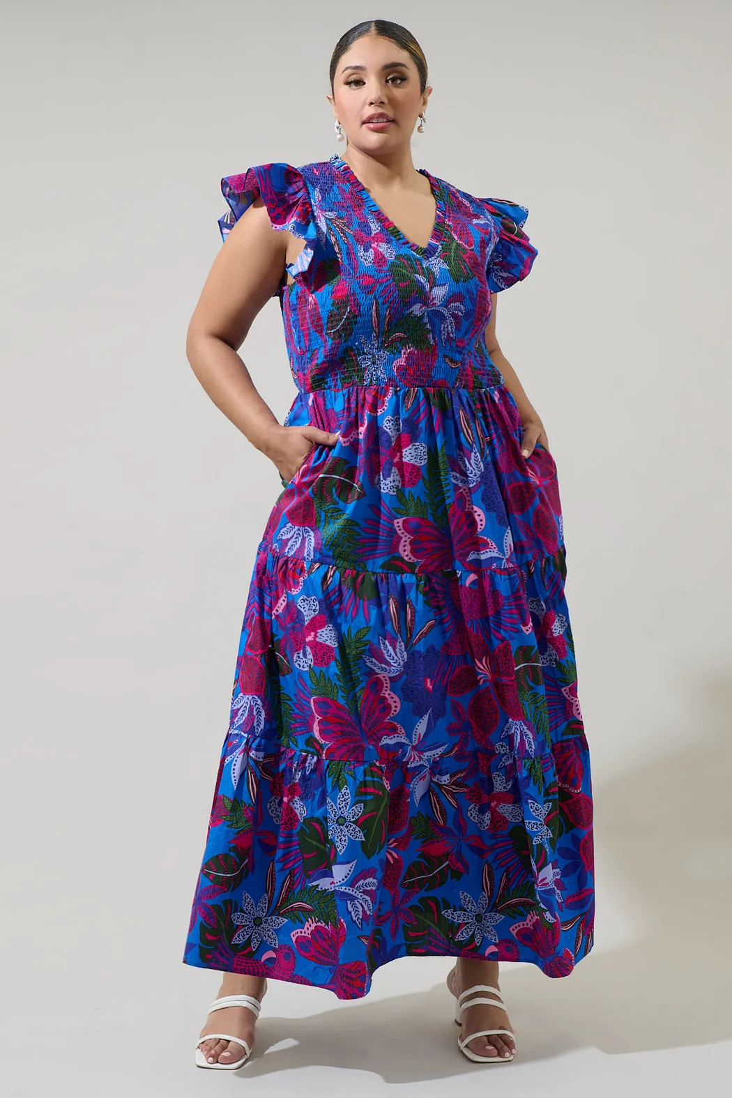 Mela Tropics Sunfire Smocked Bodice Tiered Midi Dress Curve sold by Sugarlips product image thumbnail 4