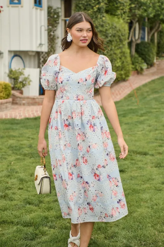 Josie Eyelet Floral Alessi Puff Sleeve Midi Dress sold by Sugarlips