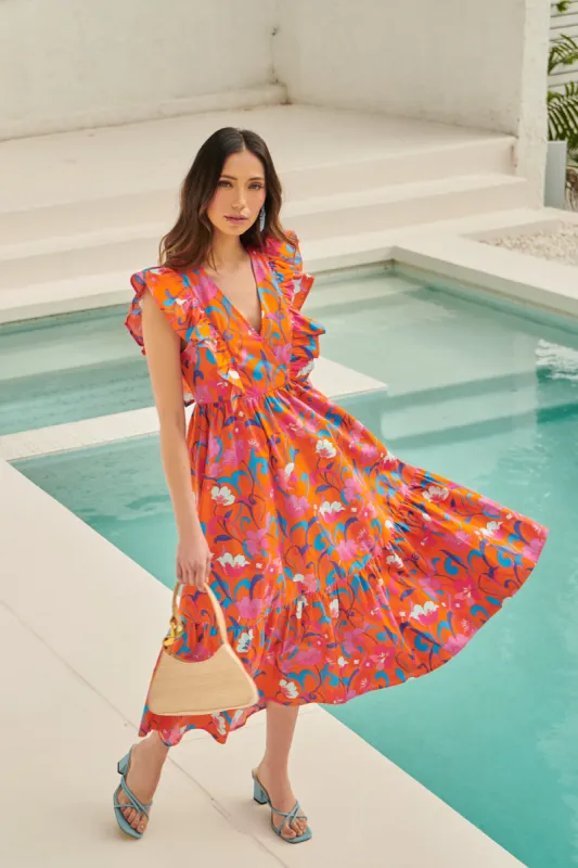 Baila Floral Fairness Poplin Surplice Midi Dress sold by Sugarlips