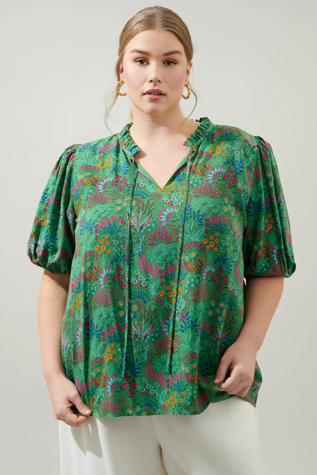 Ruya Floral Bluebay Puff Sleeve Blouse Curve sold by Sugarlips
