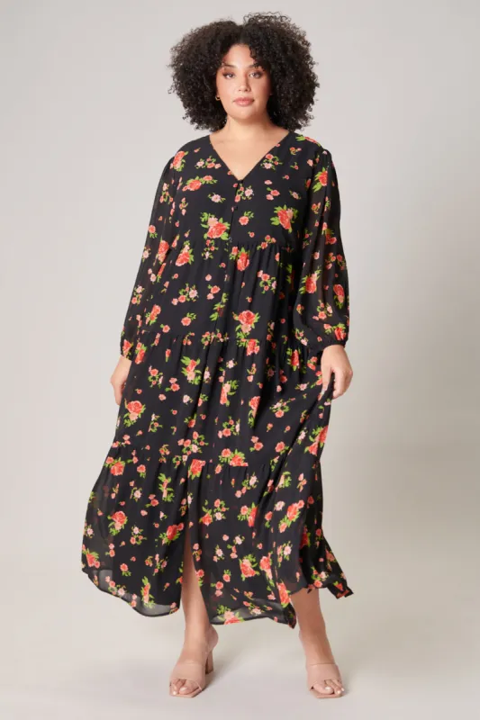 English Rose Onyx Floral Monaco Tiered Maxi Dress Curve sold by Sugarlips