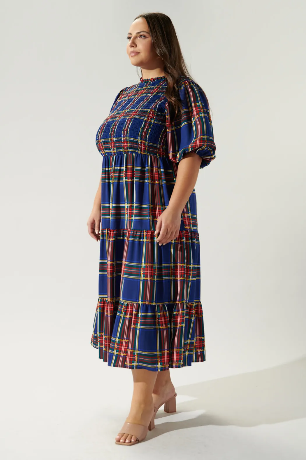 Lakeview Plaid Smocked Tiered Midi Dress Curve sold by Sugarlips product image thumbnail 3