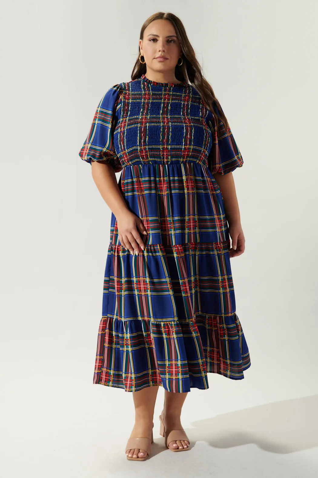 Lakeview Plaid Smocked Tiered Midi Dress Curve sold by Sugarlips