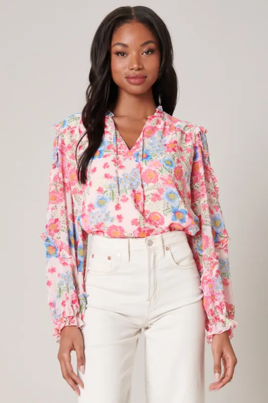 Macaron Floral Raj Ruffle Balloon Sleeve Blouse sold by Sugarlips