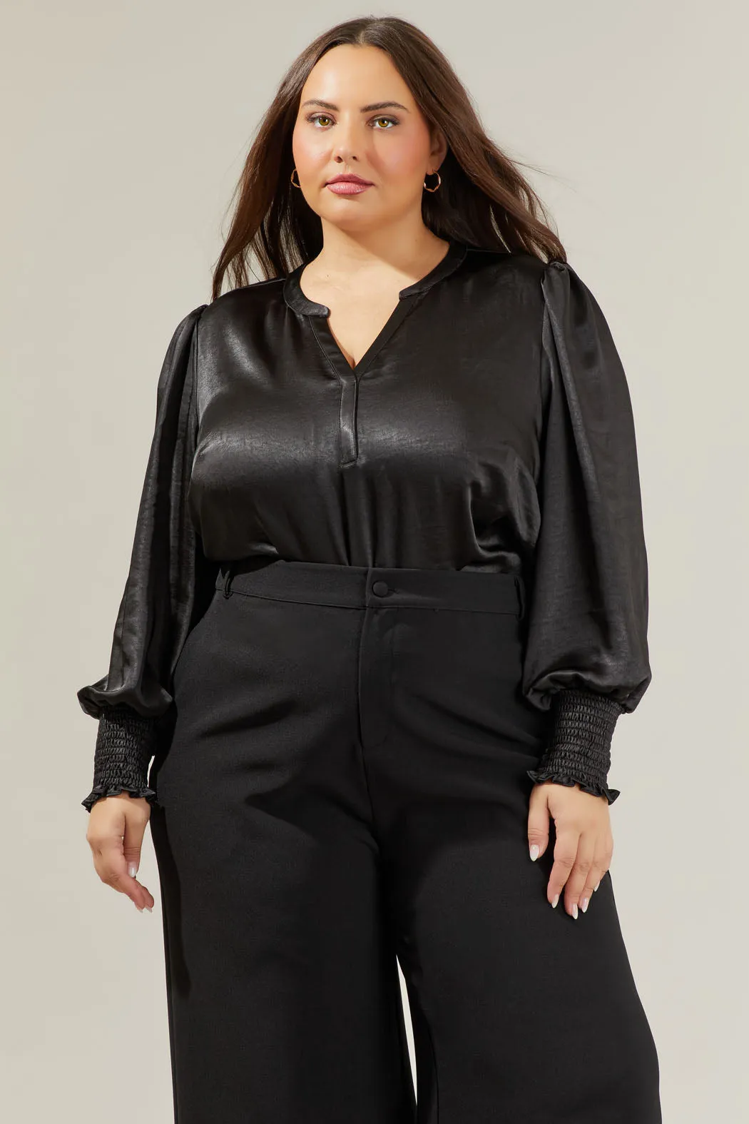Henley Satin Long Sleeve Blouse Curve sold by Sugarlips