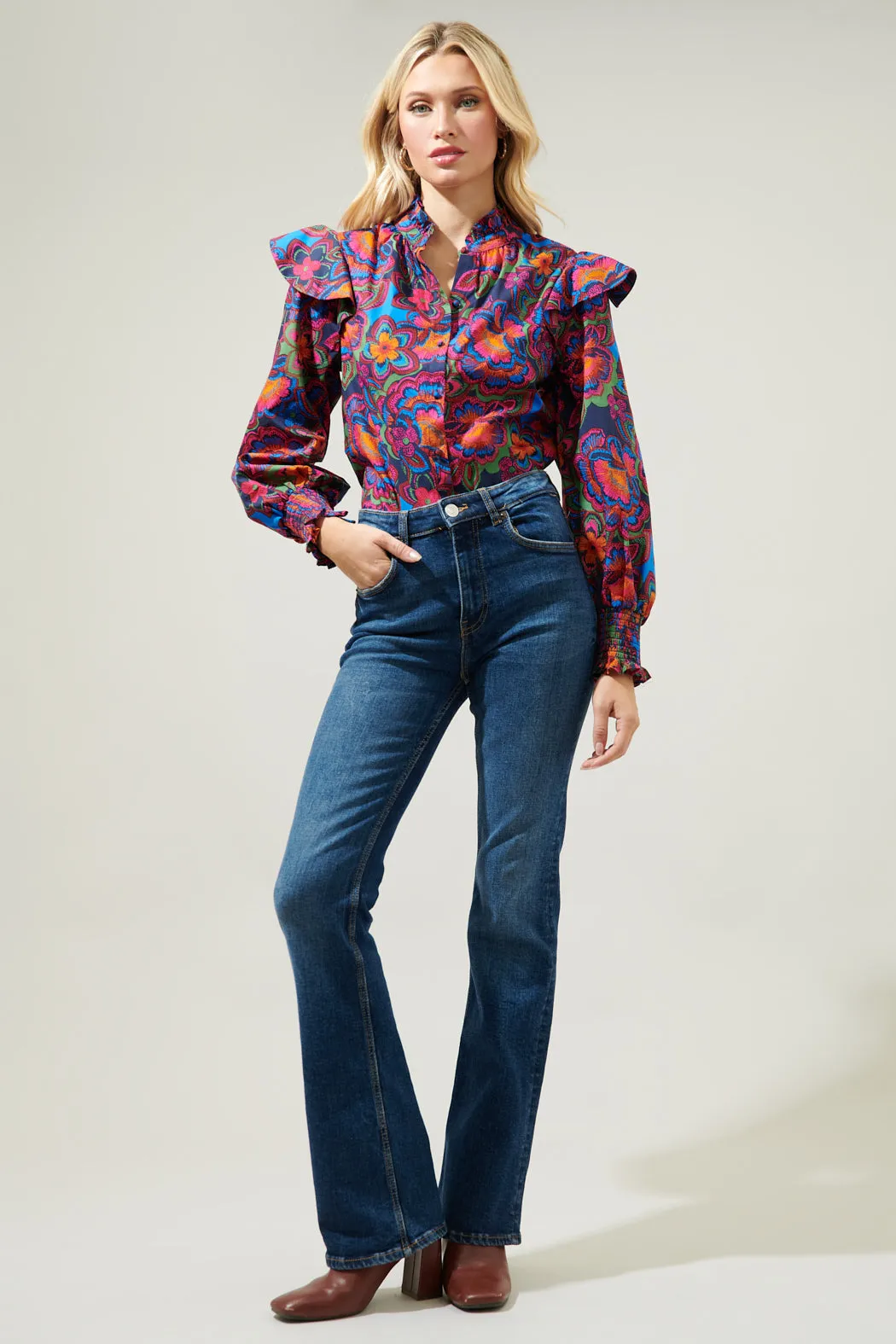 Raveena Midnight Malbec Ruffle Button Front Poplin Blouse sold by Sugarlips product image thumbnail 4