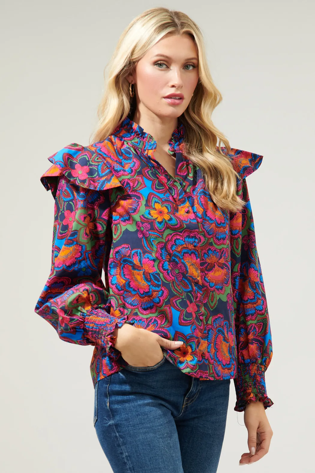 Raveena Midnight Malbec Ruffle Button Front Poplin Blouse sold by Sugarlips product image thumbnail 3