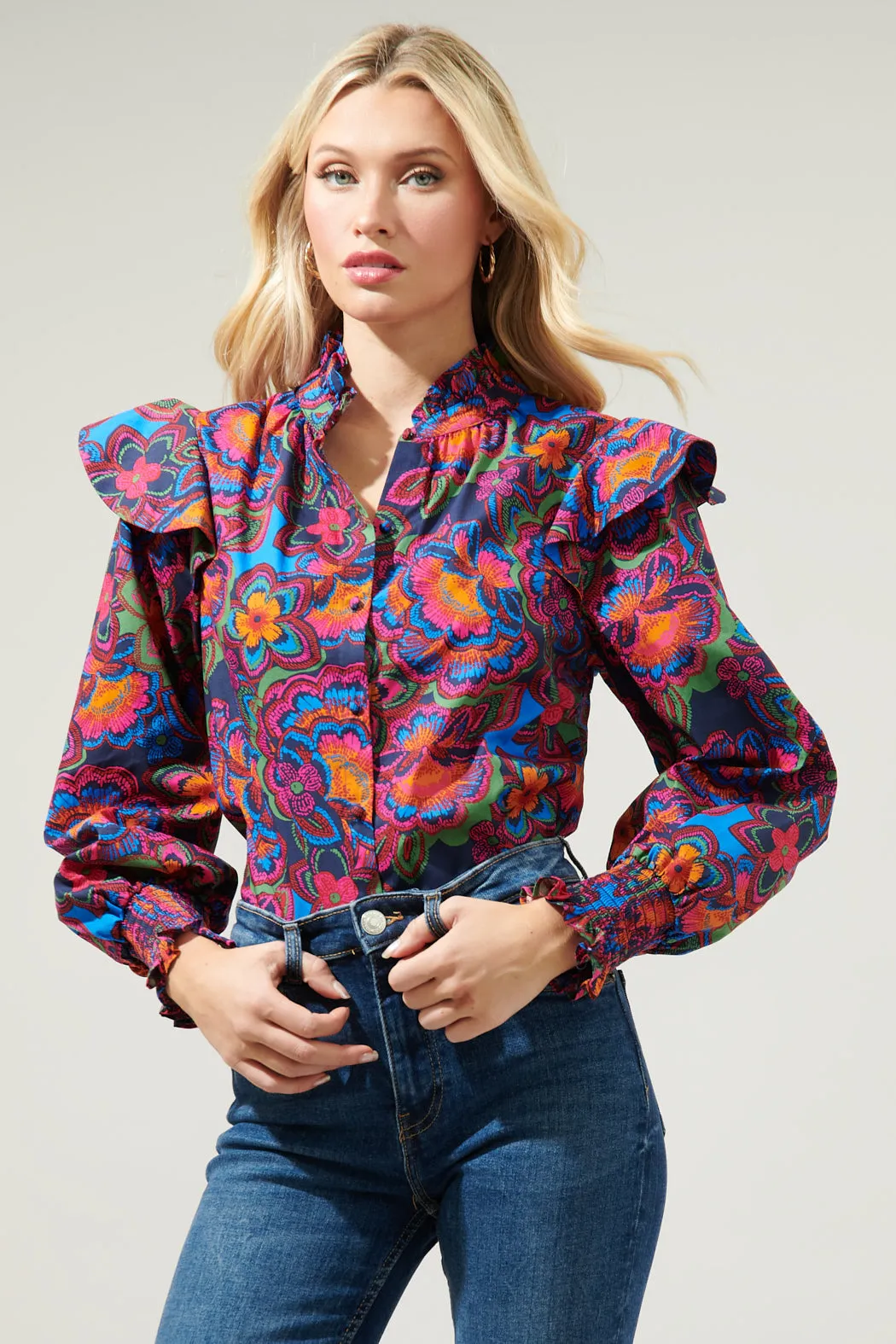 Raveena Midnight Malbec Ruffle Button Front Poplin Blouse sold by Sugarlips