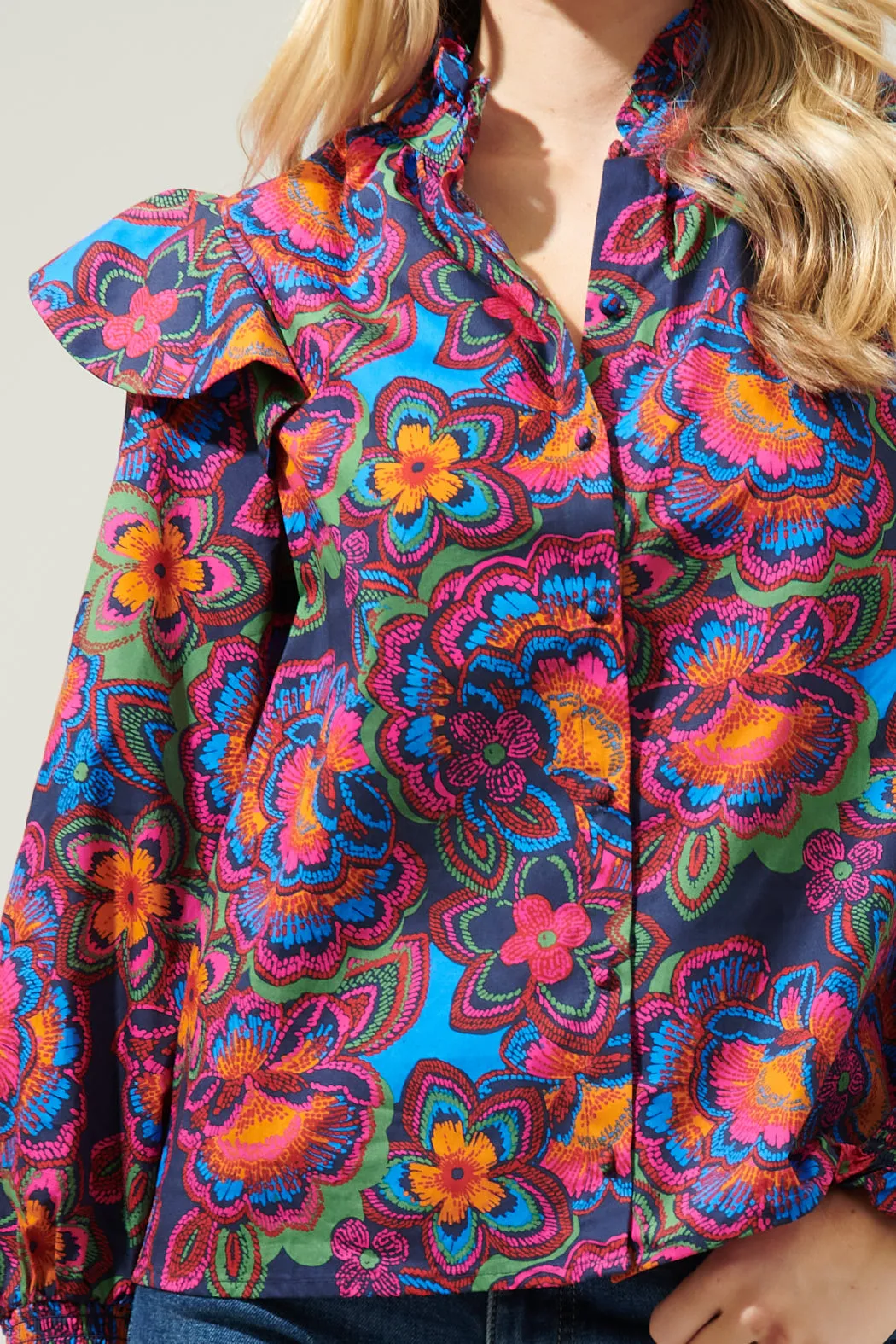 Raveena Midnight Malbec Ruffle Button Front Poplin Blouse sold by Sugarlips product image thumbnail 5