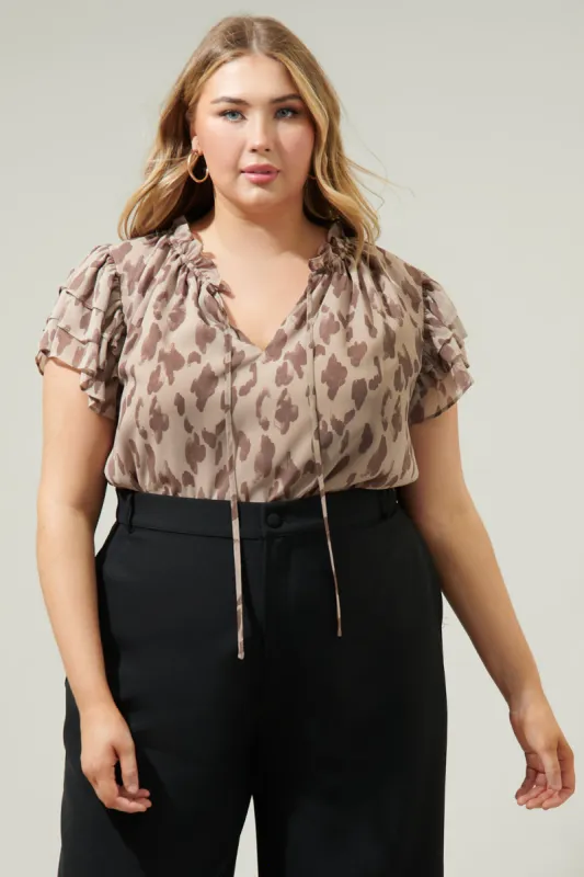 Sandalwood Leopard Montie Ruffle Tie Neck Blouse Curve sold by Sugarlips