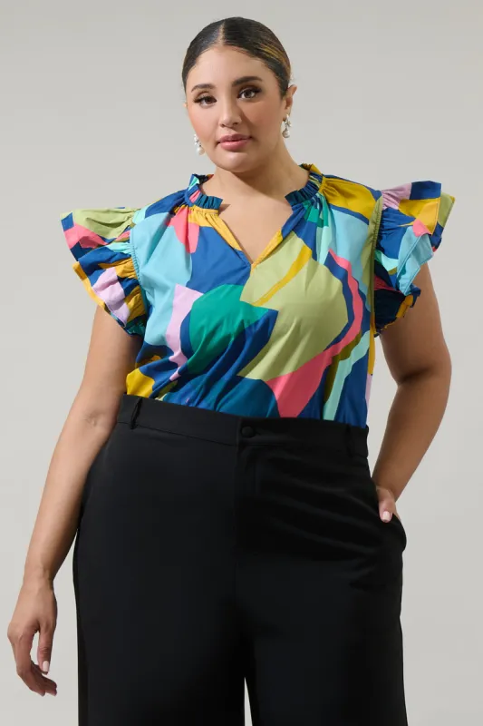 Gia Abstract Risette Ruffle Split Neck Top Curve sold by Sugarlips
