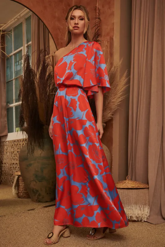 Poppy Floral Meara One Shoulder Satin Maxi Dress sold by Sugarlips