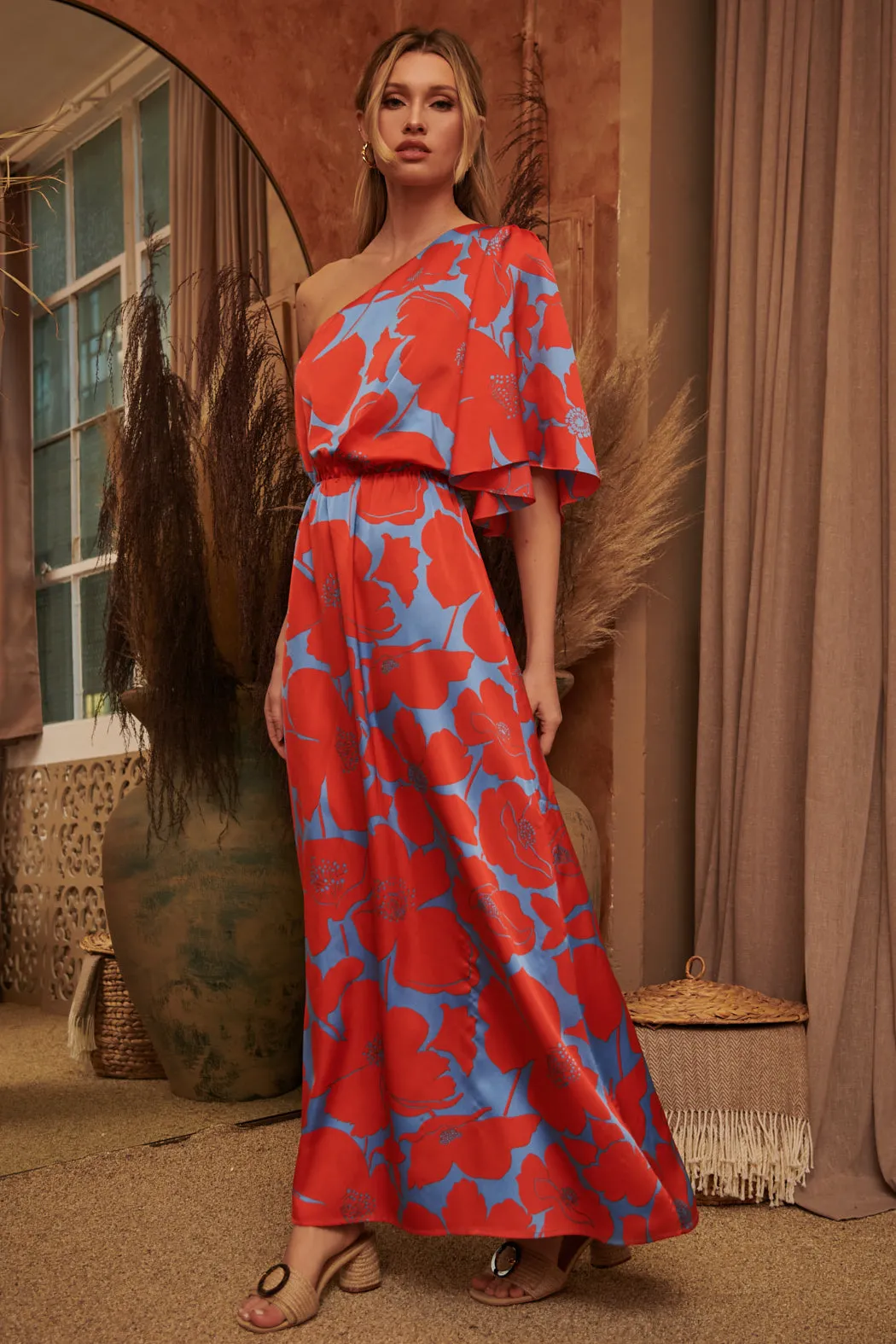 Poppy Floral Meara One Shoulder Satin Maxi Dress sold by Sugarlips