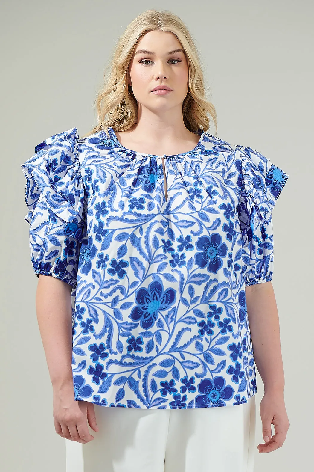 Celeste Floral Flores Poplin Ruffle Short Sleeve Top Curve sold by Sugarlips product image thumbnail 5