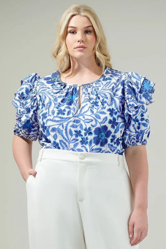 Celeste Floral Flores Poplin Ruffle Short Sleeve Top Curve sold by Sugarlips