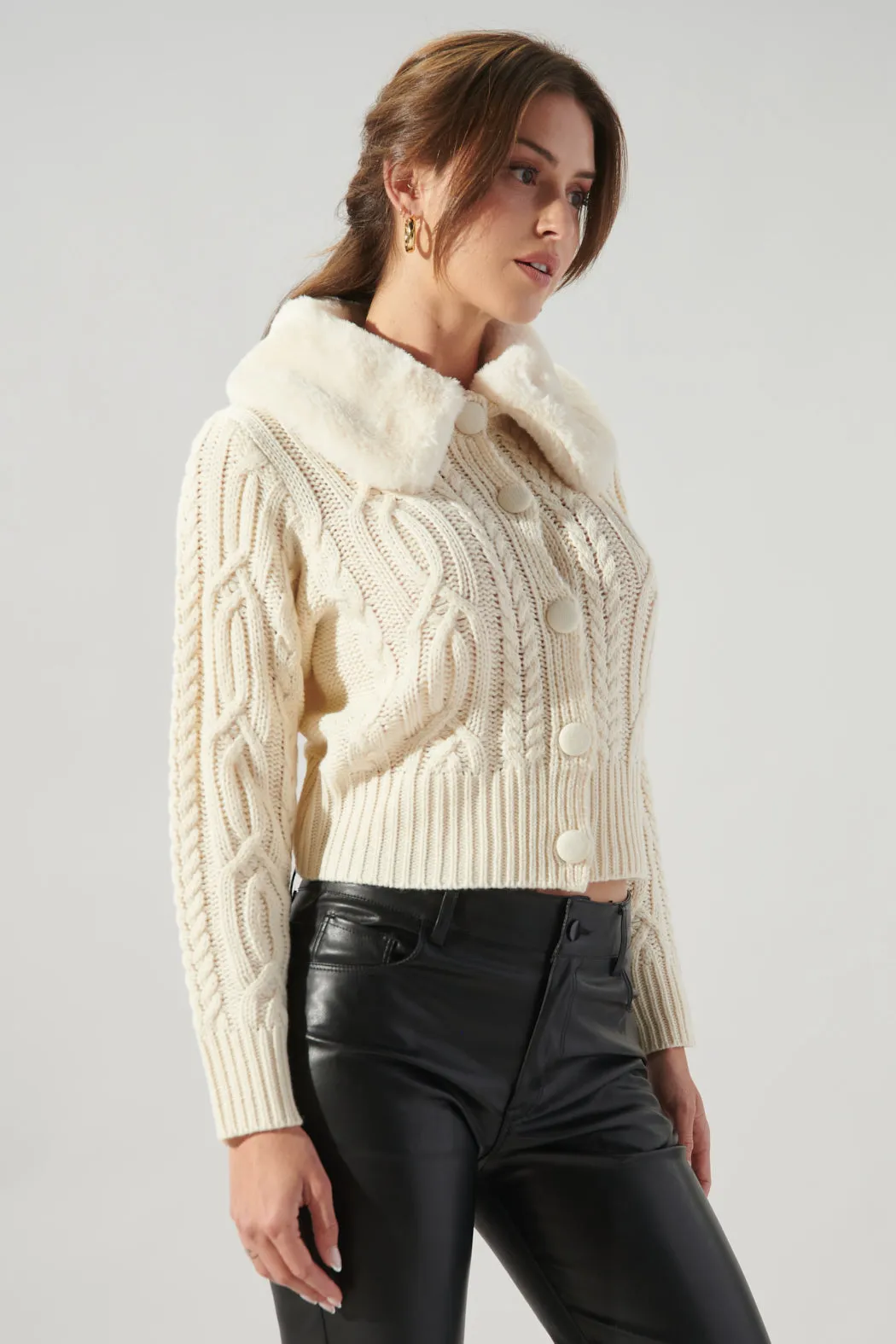 In a Flurry Cable Knit Fur Collar Cardigan sold by Sugarlips product image thumbnail 3
