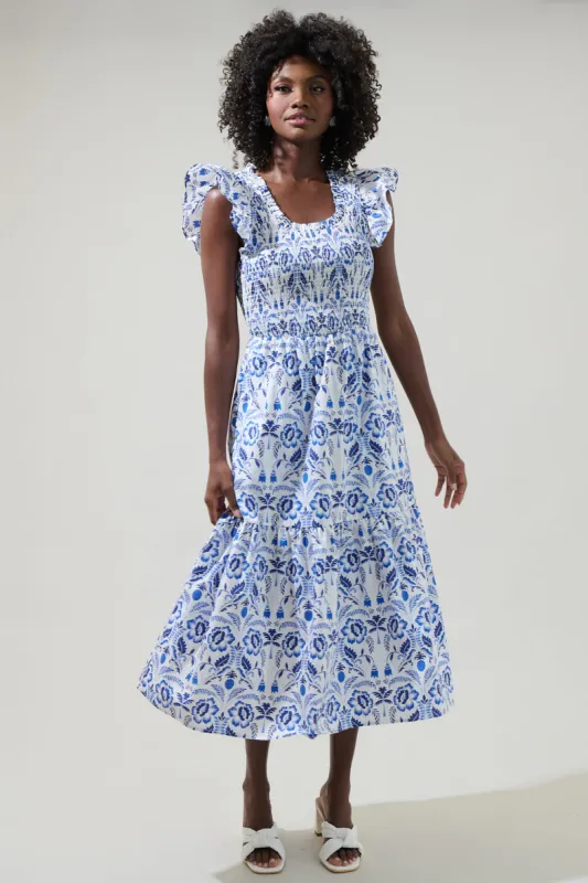 Marisol Floral Giza Glare Smock Tiered Midi Dress sold by Sugarlips