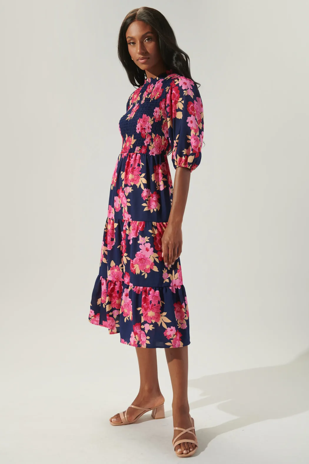 Maeve Floral Frazier Smocked Tiered Midi Dress sold by Sugarlips product image thumbnail 4