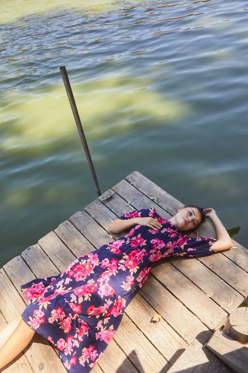 Maeve Floral Frazier Smocked Tiered Midi Dress sold by Sugarlips