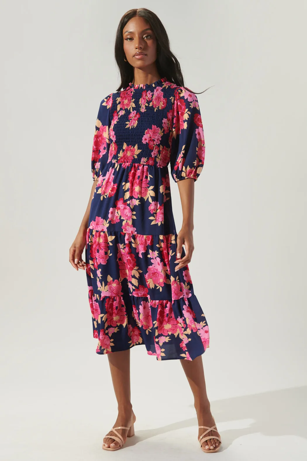 Maeve Floral Frazier Smocked Tiered Midi Dress sold by Sugarlips product image thumbnail 5