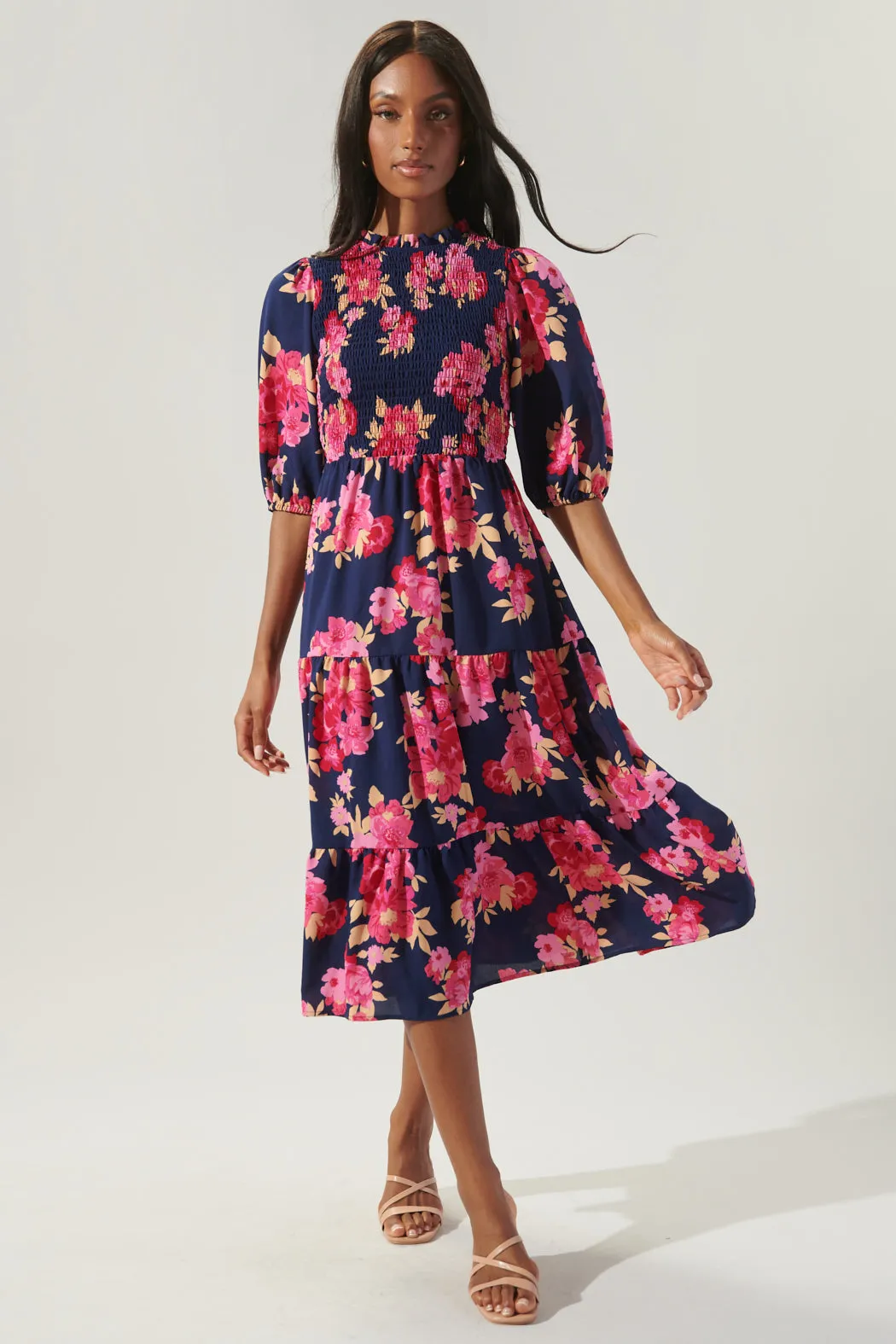Maeve Floral Frazier Smocked Tiered Midi Dress sold by Sugarlips product image thumbnail 2