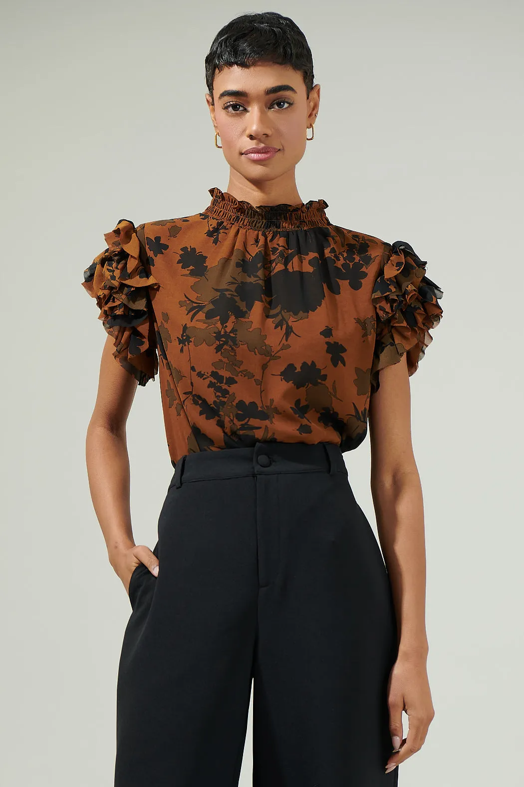 Sandy Floral Brenna Mock Neck Ruffle Blouse sold by Sugarlips