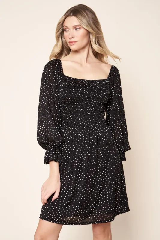 Kailyn Polka Dot Smocked Off the Shoulder Knit Mini Dress sold by Sugarlips