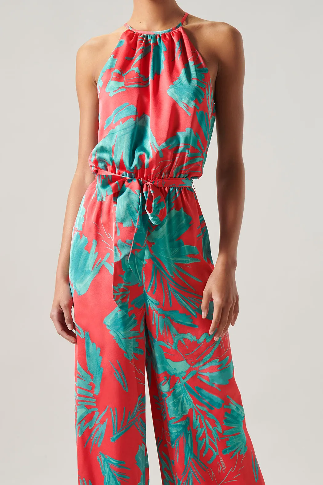 Palm Tropics Satin Lighthearted Trapeze Jumpsuit sold by Sugarlips product image thumbnail 5