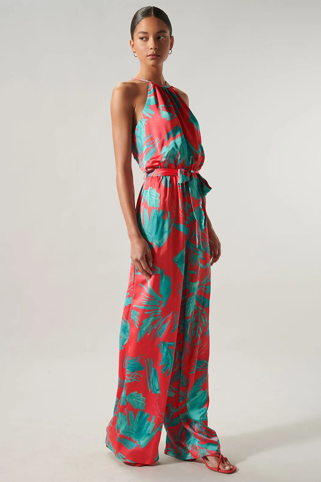 Palm Tropics Satin Lighthearted Trapeze Jumpsuit sold by Sugarlips product image thumbnail 4