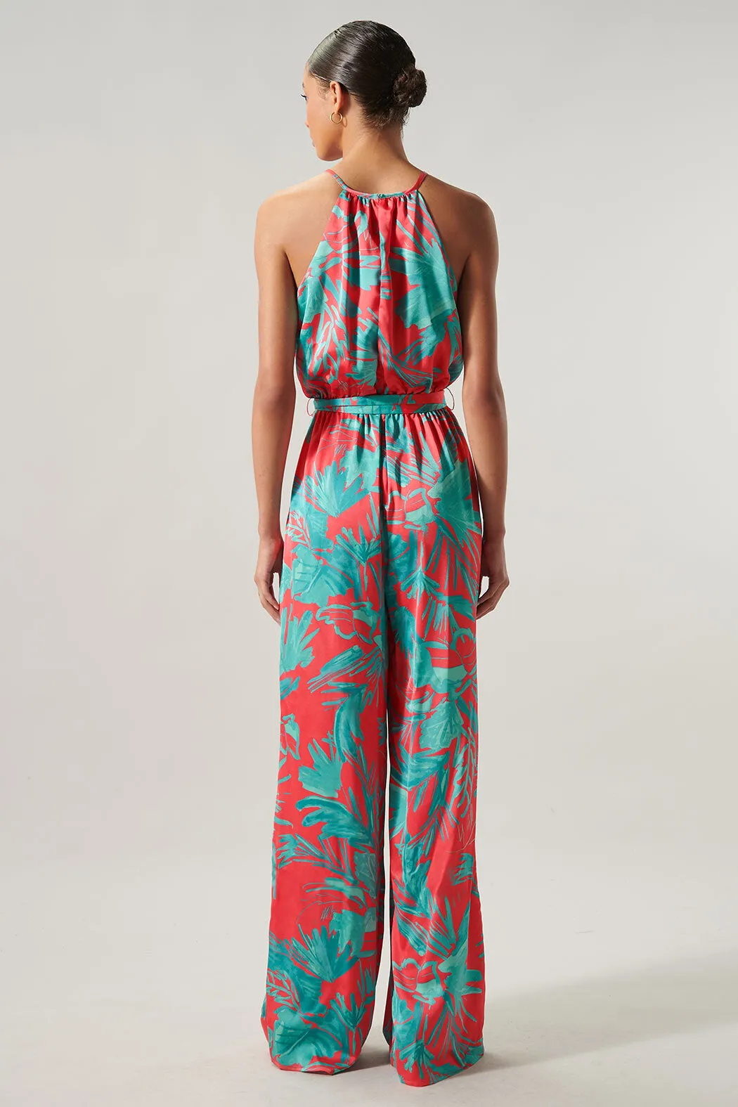 Palm Tropics Satin Lighthearted Trapeze Jumpsuit sold by Sugarlips product image thumbnail 3