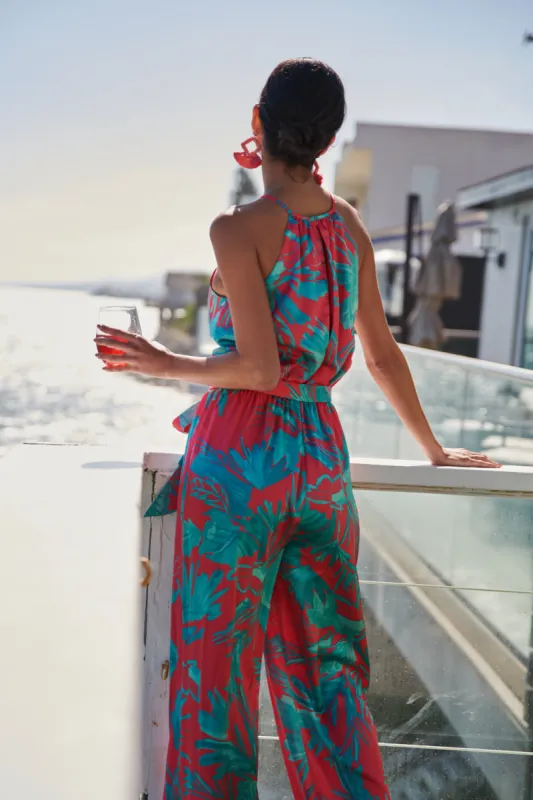Palm Tropics Satin Lighthearted Trapeze Jumpsuit sold by Sugarlips