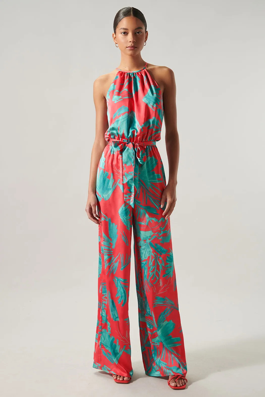 Palm Tropics Satin Lighthearted Trapeze Jumpsuit sold by Sugarlips product image thumbnail 2