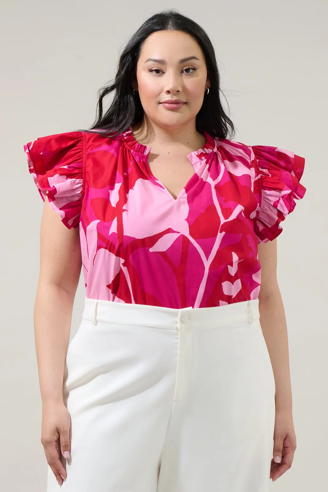 Mila Floral Risette Ruffle Split Neck Top Curve sold by Sugarlips