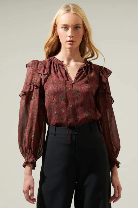 Carmina Beau Floral Marquette Henley Blouse sold by Sugarlips