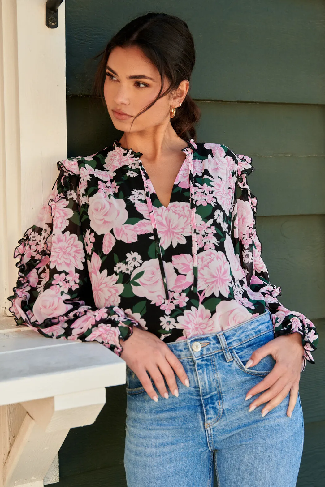 Angelica Floral Raj Ruffle Balloon Sleeve Blouse sold by Sugarlips