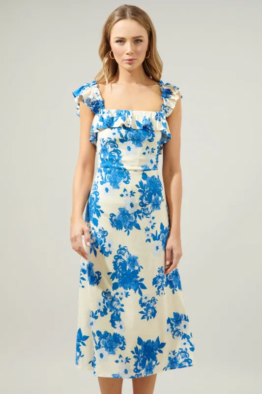 Azure Kona Floral Ruffle Trim Milo Midi Dress sold by Sugarlips
