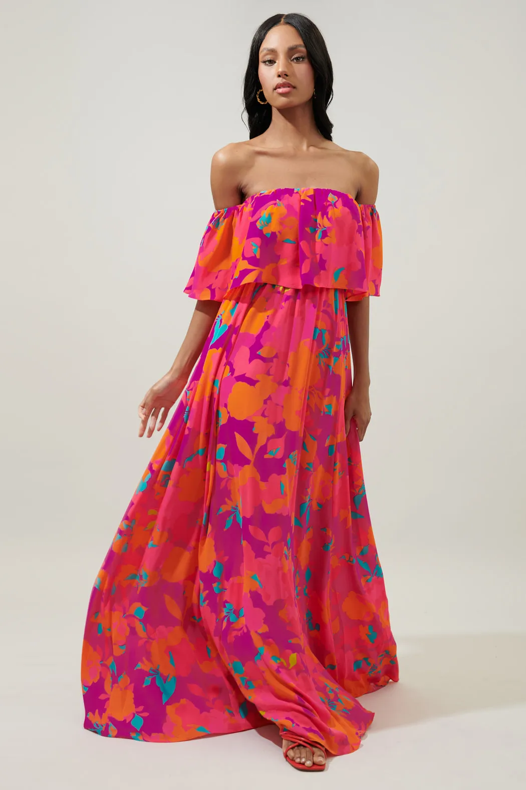 Constance Floral Enamored Off the Shoulder Ruffle Dress sold by Sugarlips