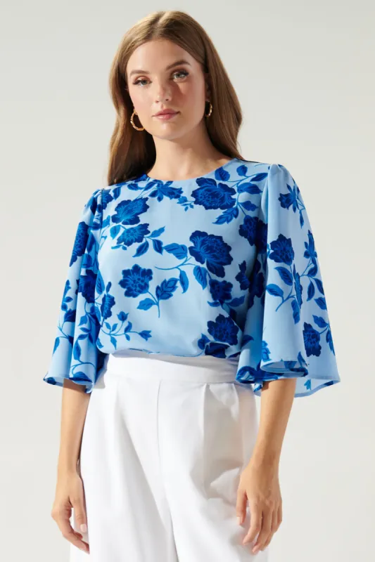 Skyline Floral Lital Flutter Sleeve Top sold by Sugarlips