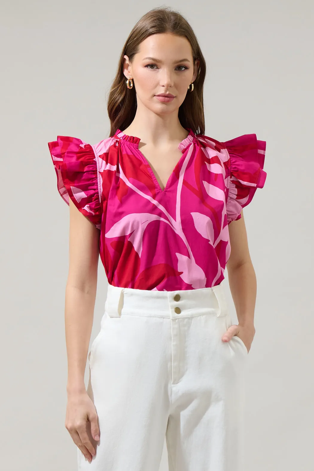 Mila Floral Risette Ruffle Split Neck Top sold by Sugarlips