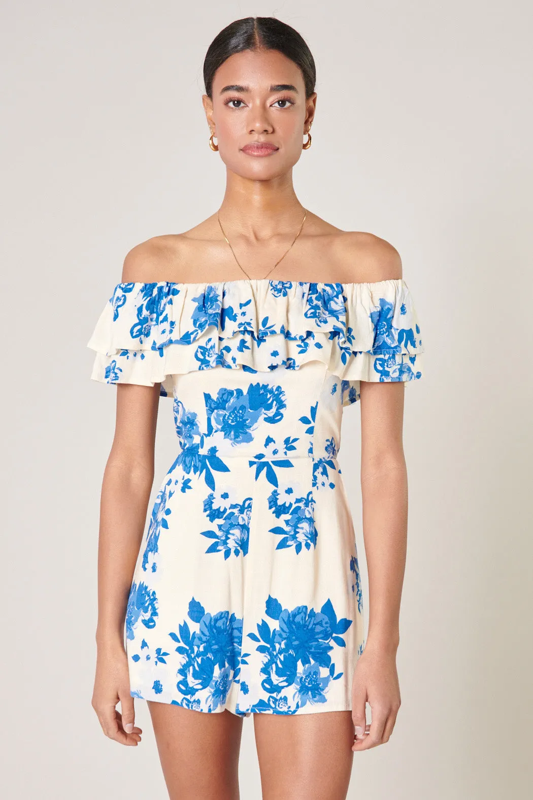 Azure Kona Floral Ruffled Off The Shoulder Romper sold by Sugarlips product image thumbnail 3