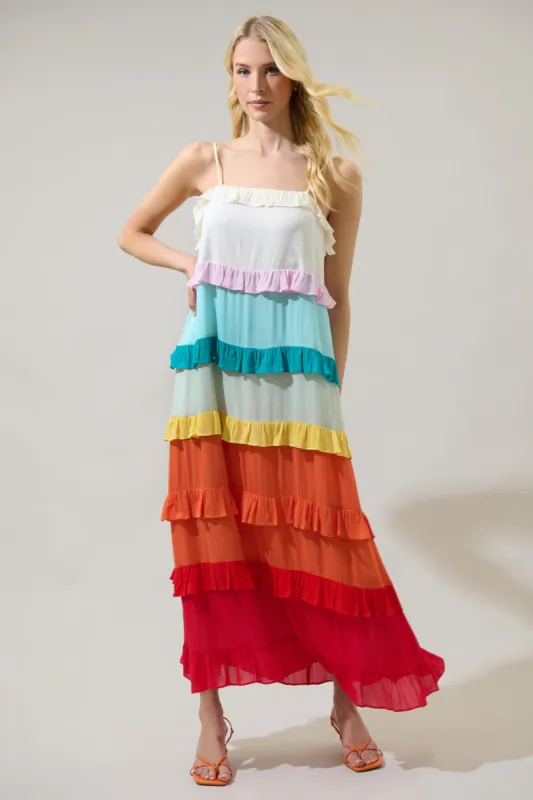 Taste the Rainbow Sleeveless Ruffle Maxi Dress sold by Sugarlips