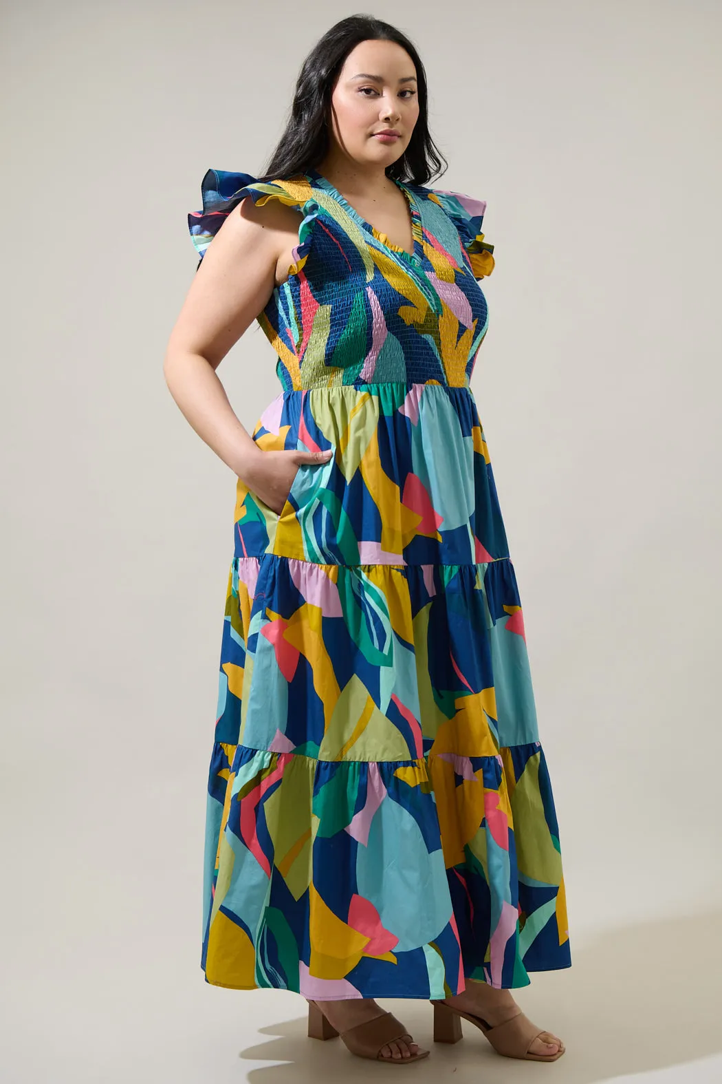 Gia Abstract Sunfire Smocked Bodice Tiered Midi Dress Curve sold by Sugarlips product image thumbnail 3