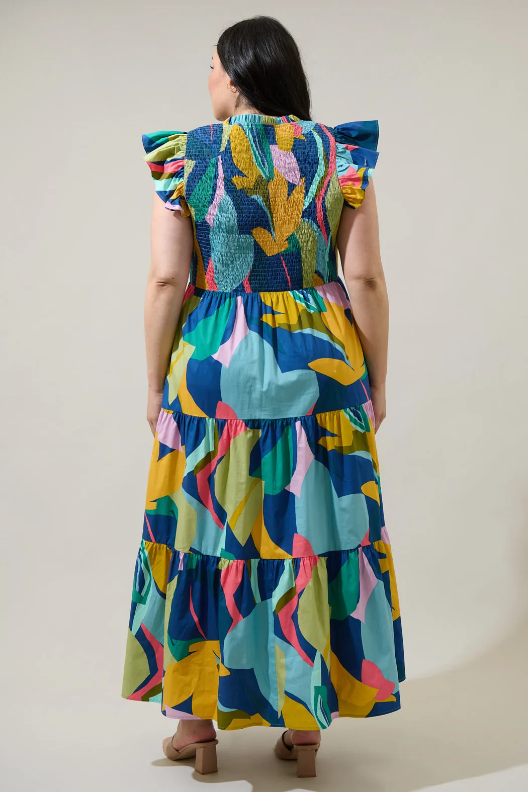 Gia Abstract Sunfire Smocked Bodice Tiered Midi Dress Curve sold by Sugarlips product image thumbnail 2