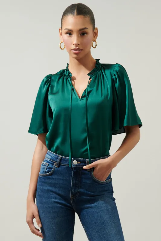 Remi Satin Tie Neck Flutter Sleeve Blouse made by Sugarlips