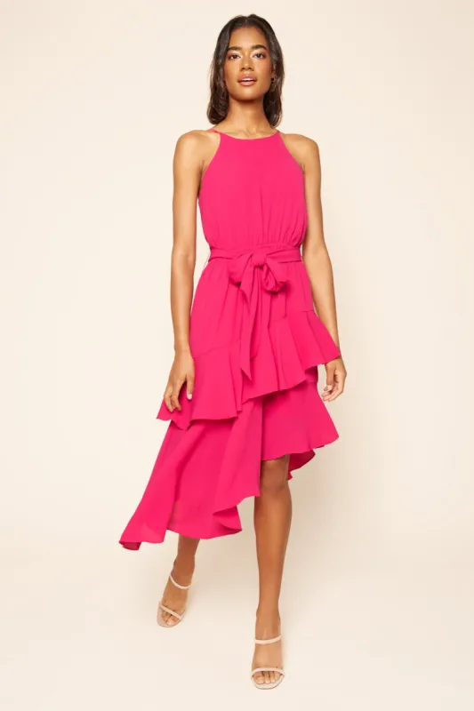 Adorn You Asymmetrical Ruffle Midi Dress sold by Sugarlips