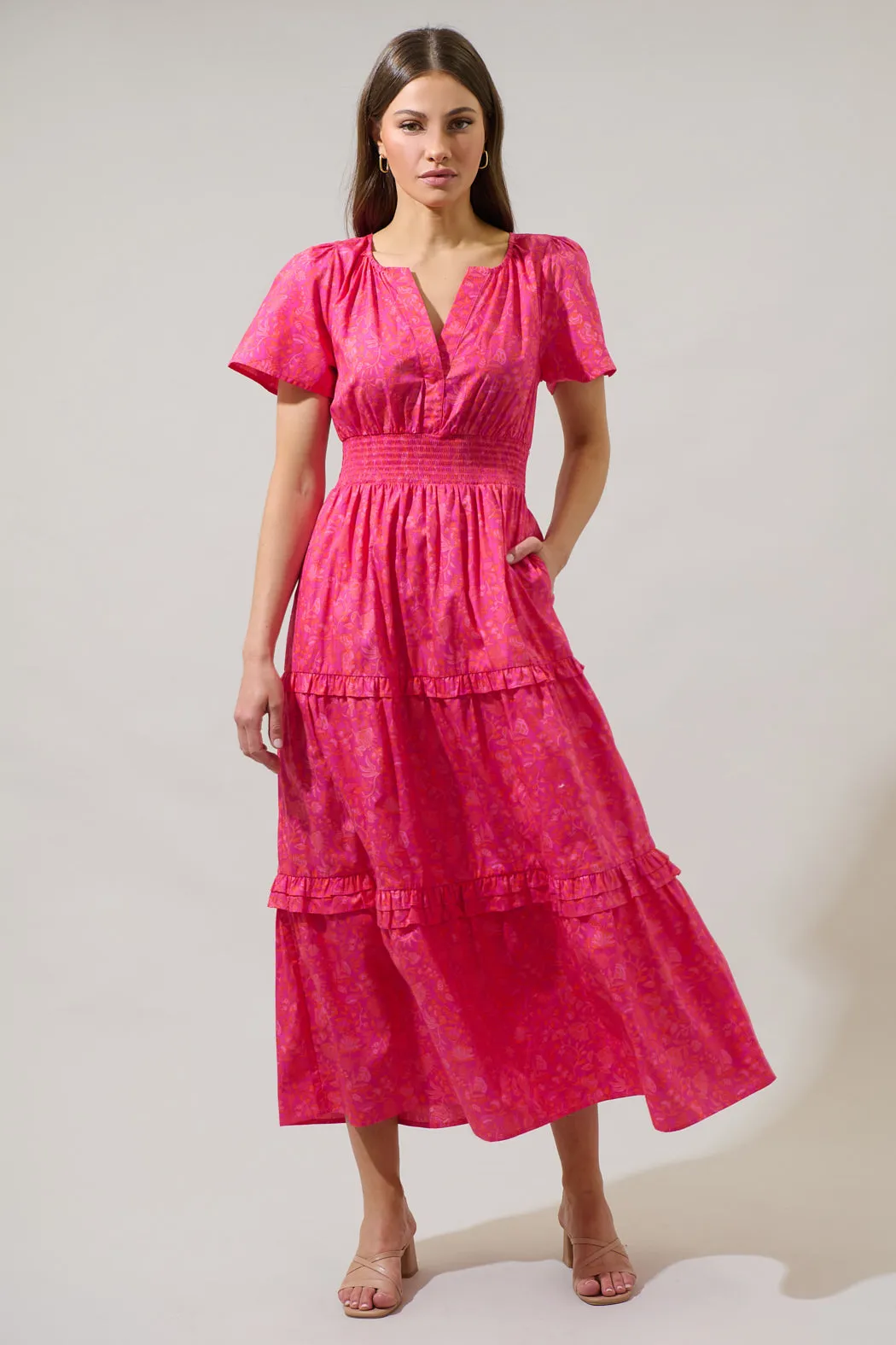 Cerise Floral Palmer Poplin Tiered Maxi Dress sold by Sugarlips