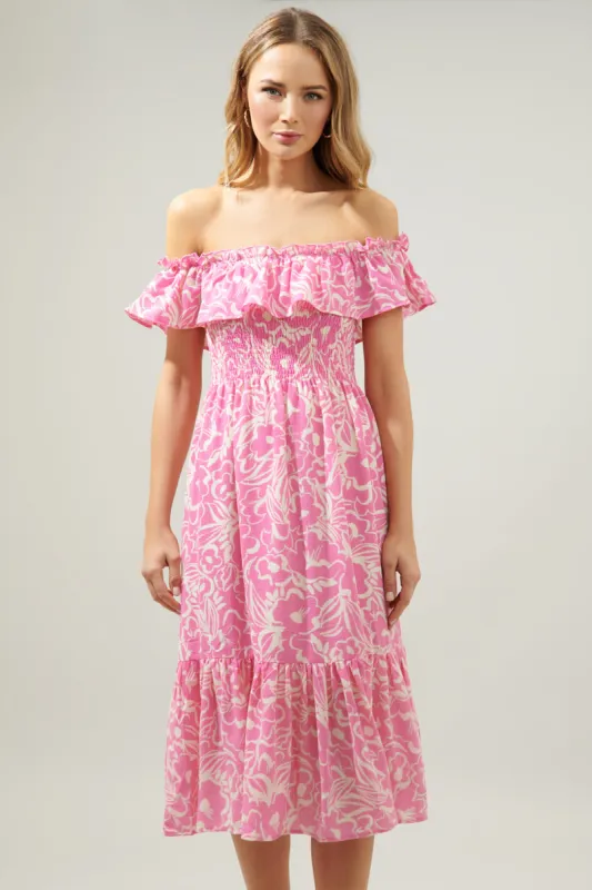 Malia Floral Off the Shoulder Smocked Midi Dress sold by Sugarlips